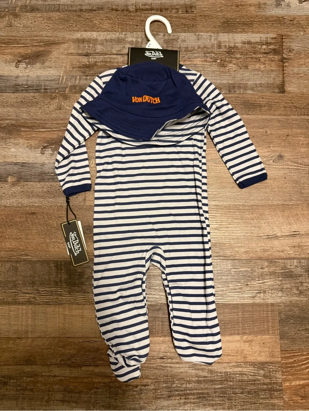 Von Dutch Navy & White Striped Footed One Piece with Matching Bucket Hat NWT 9 M